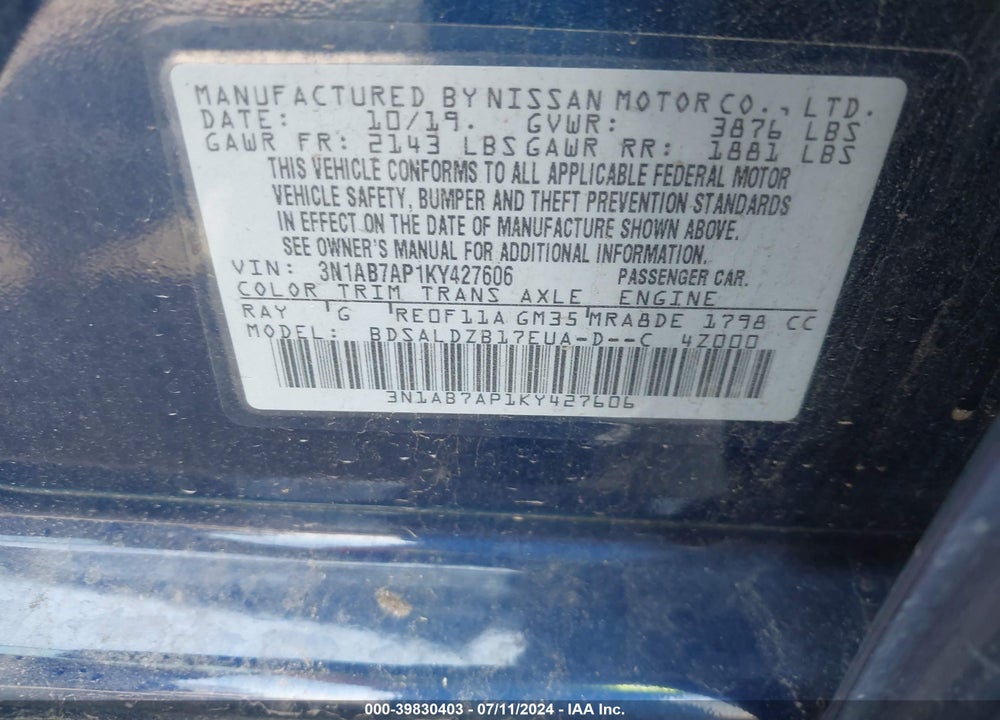 2019 NISSAN SENTRA SV VIN: 3N1AB7AP1KY427606