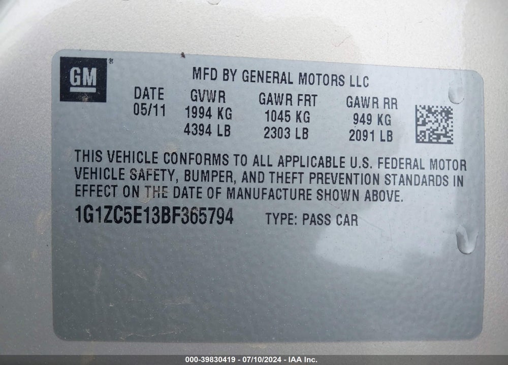 2011 CHEVROLET MALIBU 1LT VIN: 1G1ZC5E13BF365794