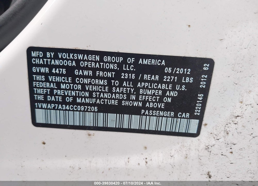 2012 VOLKSWAGEN PASSAT 2.5L S VIN: 1VWAP7A34CC097205