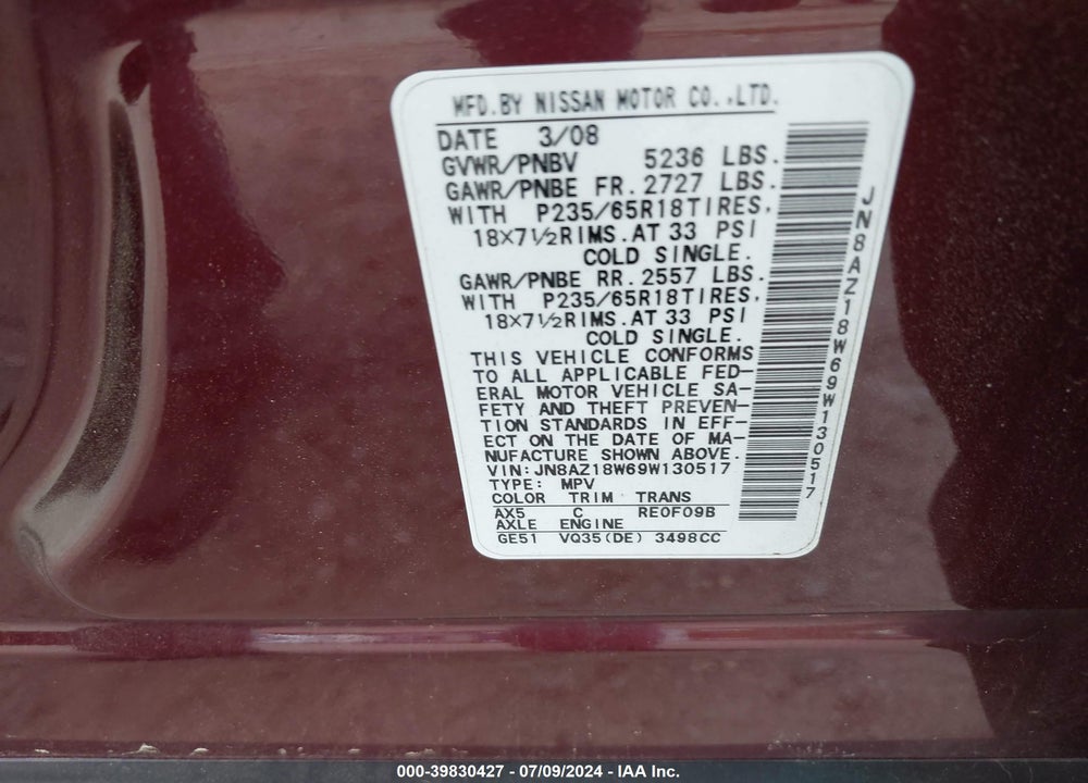 2009 NISSAN MURANO S VIN: JN8AZ18W69W130517