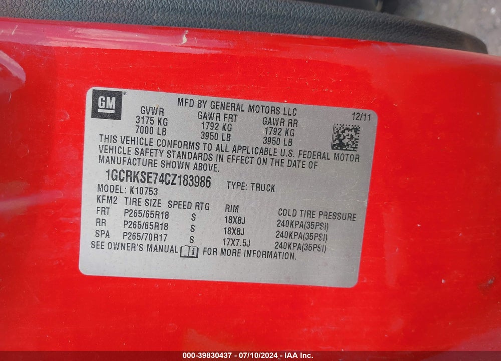 2012 CHEVROLET SILVERADO 1500 LT VIN: 1GCRKSE74CZ183986