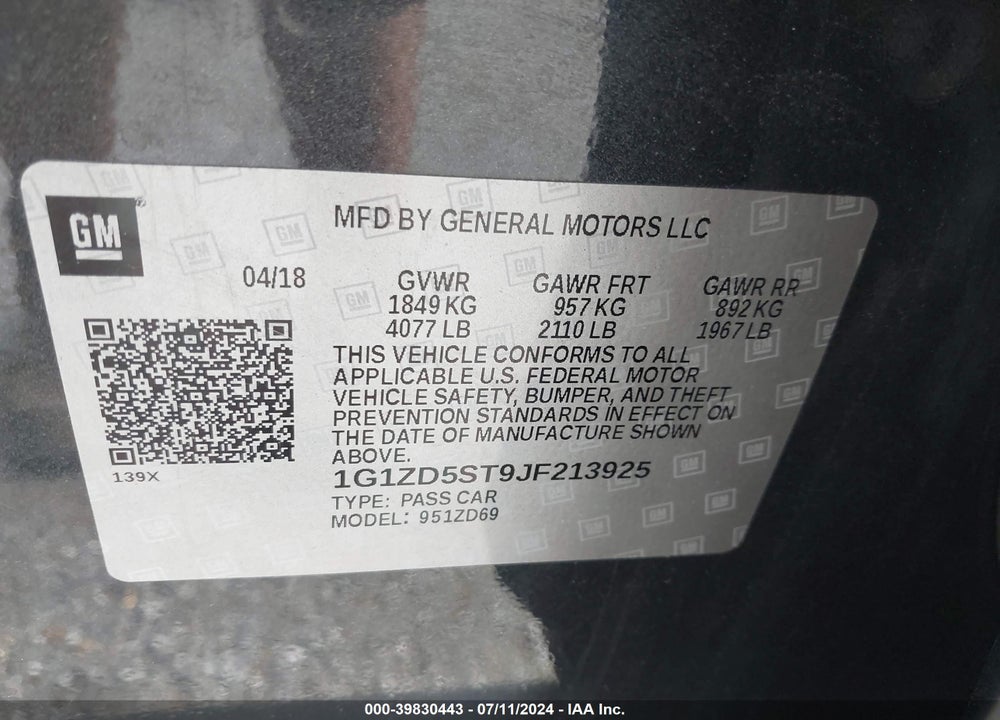 2018 CHEVROLET MALIBU LT VIN: 1G1ZD5ST9JF213925