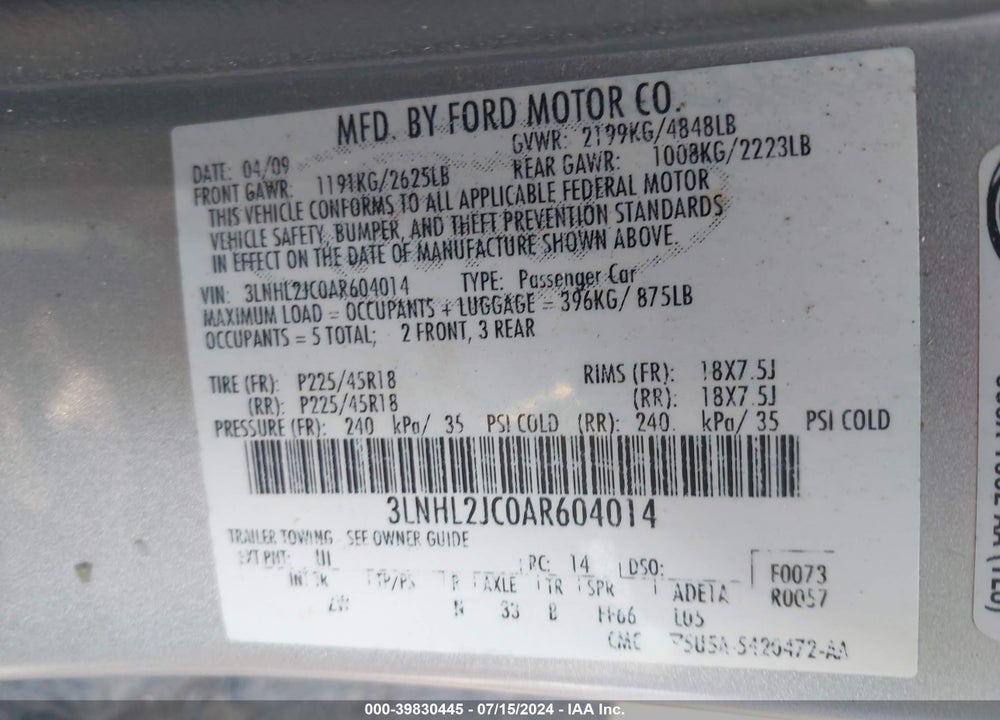 2010 LINCOLN MKZ VIN: 3LNHL2JC0AR604014
