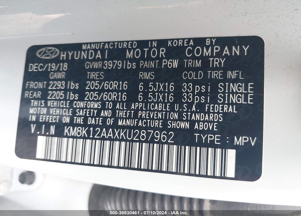 2019 HYUNDAI KONA SE VIN: KM8K12AAXKU287962