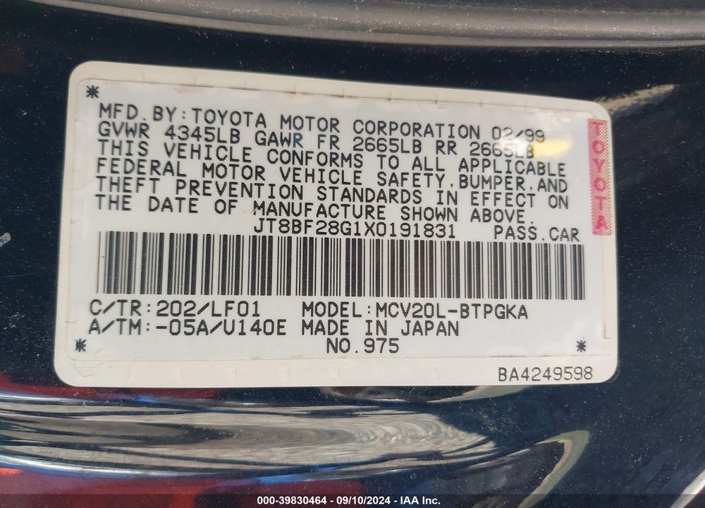 1999 LEXUS ES 300 VIN: JT8BF28G1X0191831