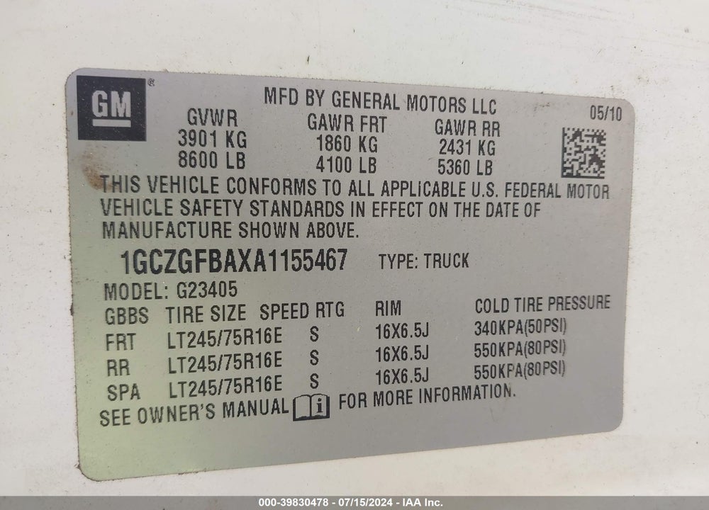 2010 CHEVROLET EXPRESS 2500 WORK VAN VIN: 1GCZGFBAXA1155467