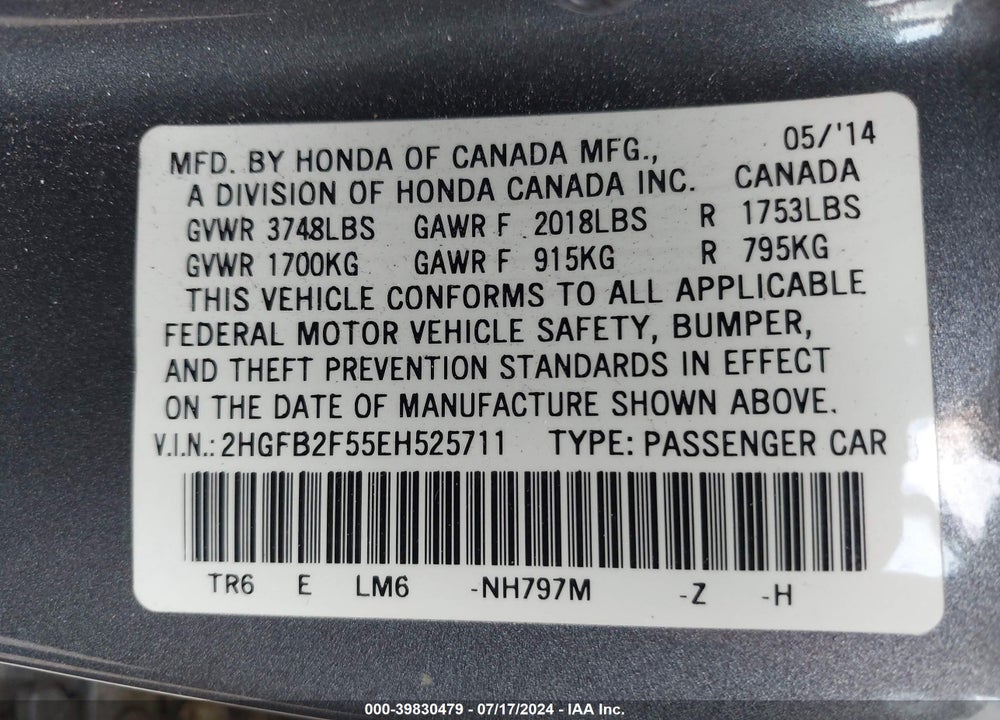 2014 HONDA CIVIC LX VIN: 2HGFB2F55EH525711