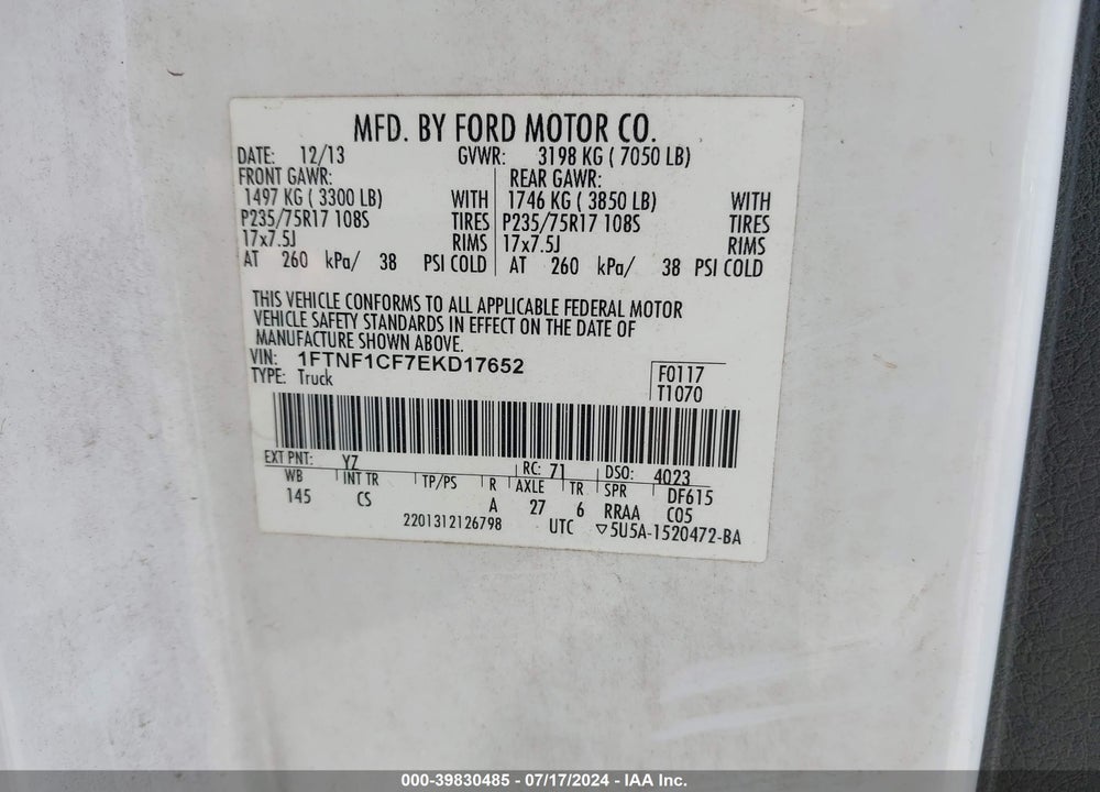 2014 FORD F-150 VIN: 1FTNF1CF7EKD17652
