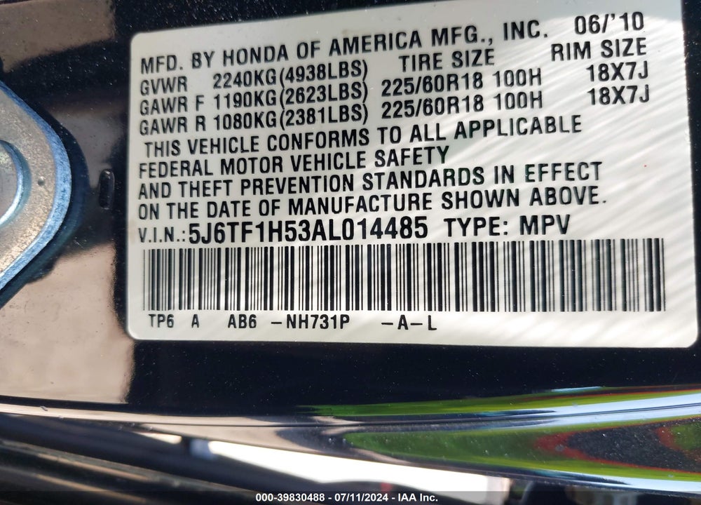 2010 HONDA ACCORD CROSSTOUR EXL VIN: 5J6TF1H53AL014485