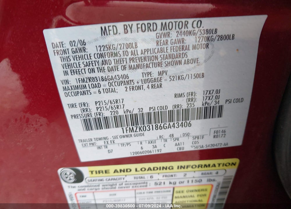 2006 FORD FREESTYLE LIMITED VIN: 1FMZK03186GA43406