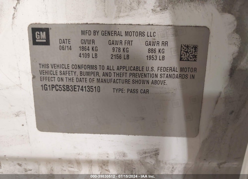2014 CHEVROLET CRUZE 1LT AUTO VIN: 1G1PC5SB3E7413510