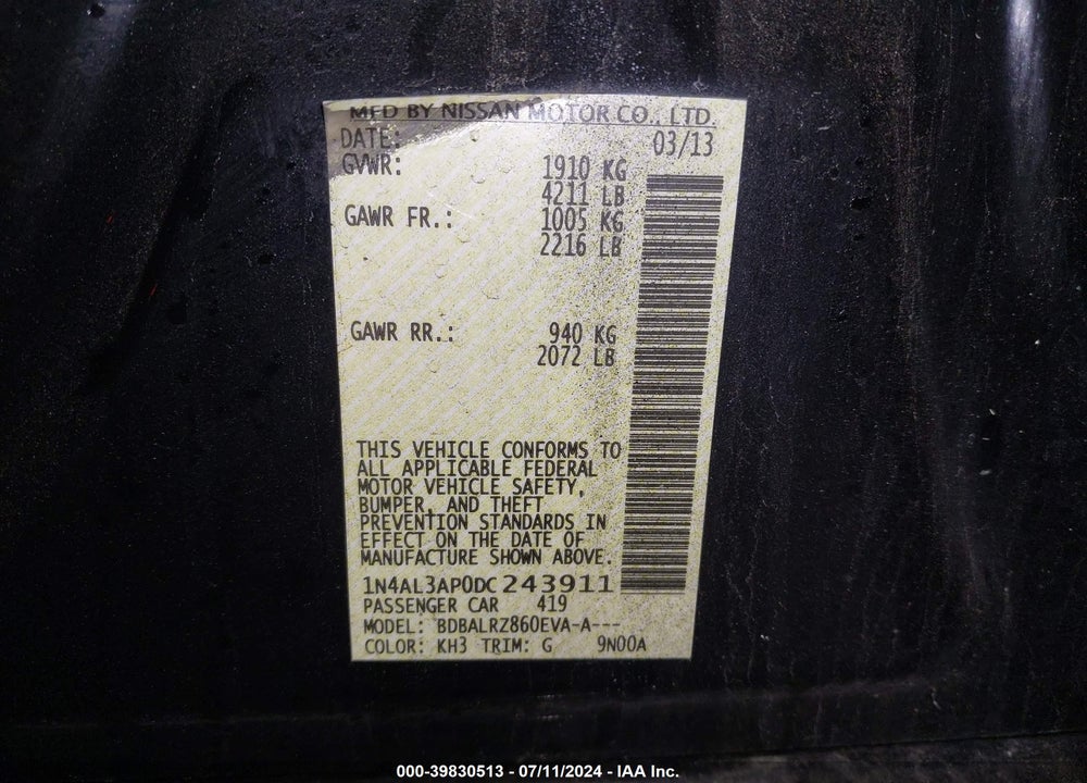 2013 NISSAN ALTIMA 2.5 S VIN: 1N4AL3AP0DC243911
