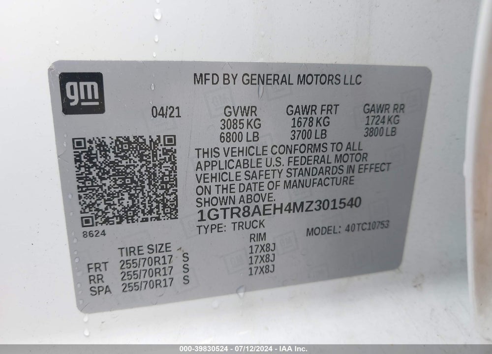 2021 GMC SIERRA 1500 2WD DOUBLE CAB STANDARD BOX VIN: 1GTR8AEH4MZ301540