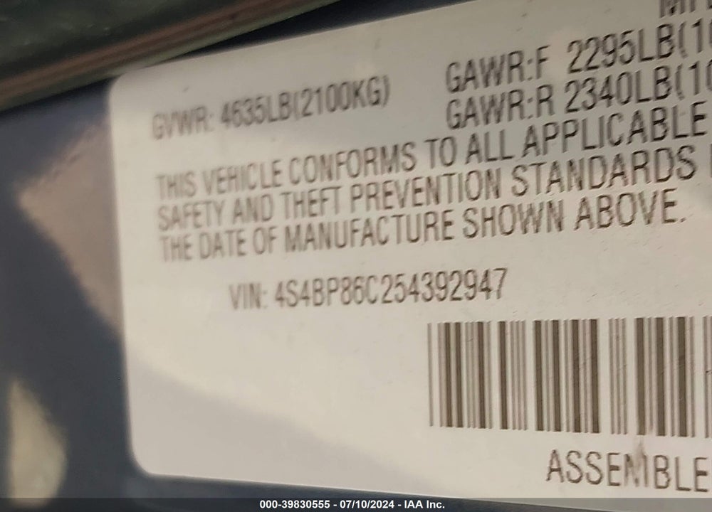 2005 SUBARU OUTBACK 3.0R L.L. BEAN EDITION VIN: 4S4BP86C254392947