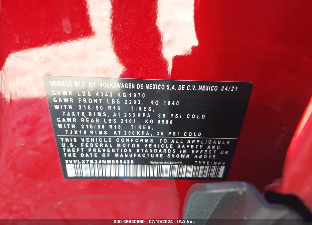 2022 VOLKSWAGEN TAOS 1.5T SE VIN: 3VVLX7B24NM005420