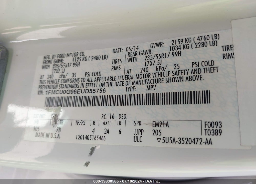 2014 FORD ESCAPE SE VIN: 1FMCU0G96EUD55756