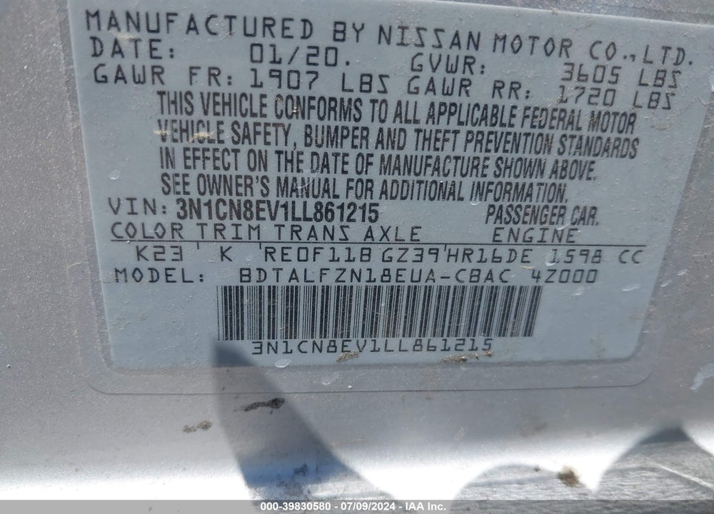 2020 NISSAN VERSA SV XTRONIC CVT VIN: 3N1CN8EV1LL861215