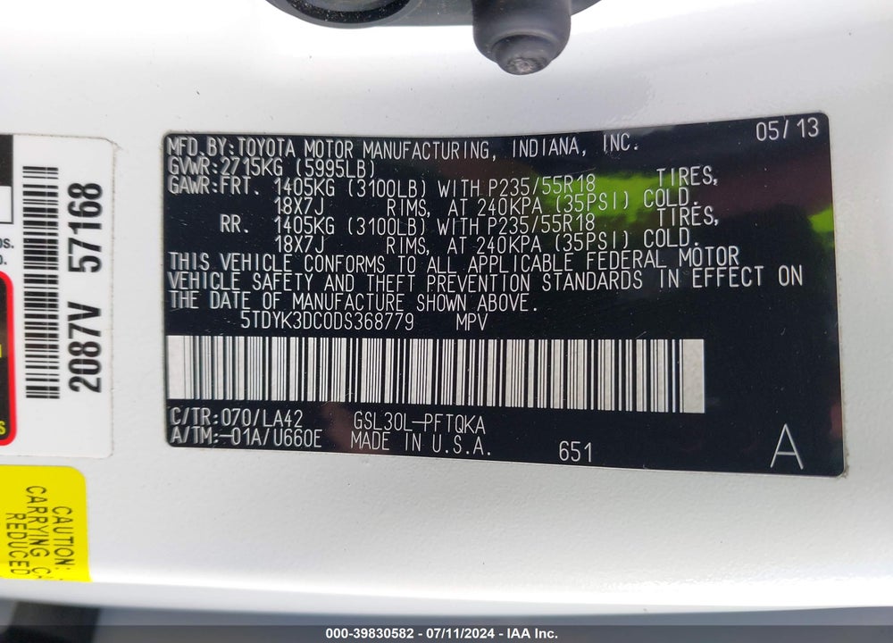 2013 TOYOTA SIENNA LIMITED V6 7 PASSENGER VIN: 5TDYK3DC0DS368779
