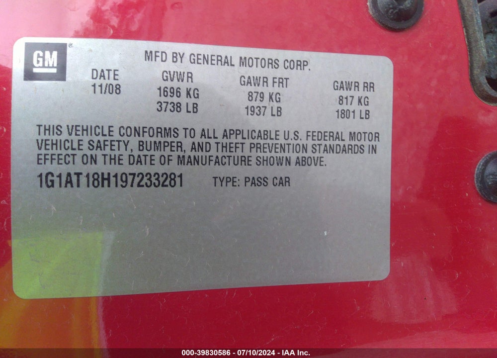 2009 CHEVROLET COBALT LT VIN: 1G1AT18H197233281