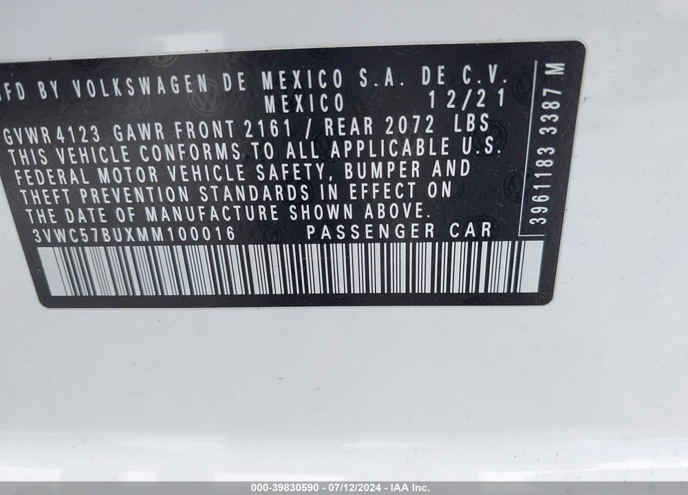 2021 VOLKSWAGEN JETTA 1.4T R-LINE/1.4T S/1.4T SE VIN: 3VWC57BUXMM100016