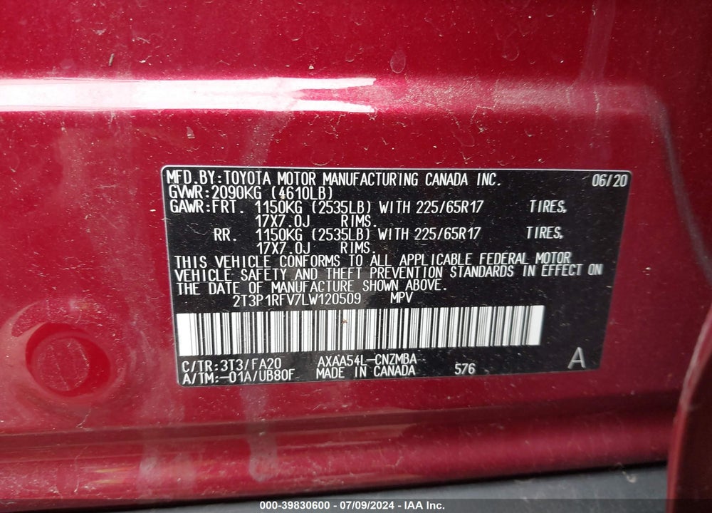 2020 TOYOTA RAV4 XLE VIN: 2T3P1RFV7LW120509