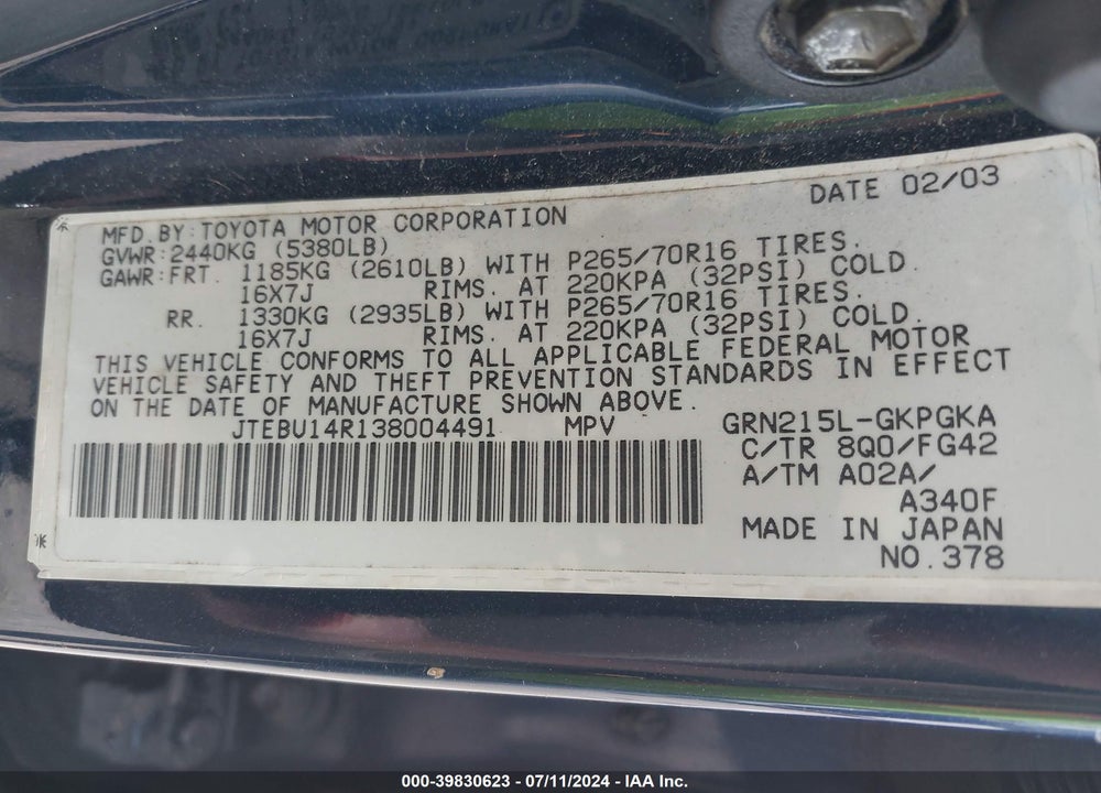 2003 TOYOTA 4RUNNER SR5 V6 VIN: JTEBU14R138004491