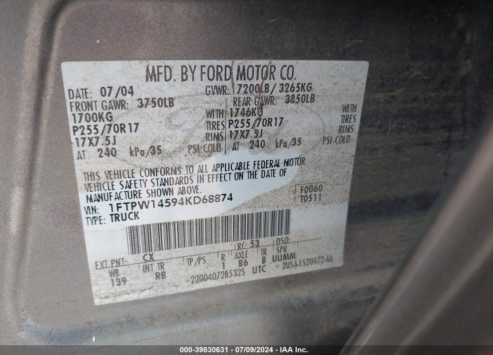 2004 FORD F-150 FX4/LARIAT/XLT VIN: 1FTPW14594KD68874