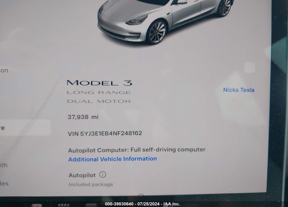2022 TESLA MODEL 3 LONG RANGE DUAL MOTOR ALL-WHEEL DRIVE VIN: 5YJ3E1EB4NF248162