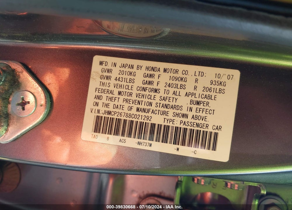 2008 HONDA ACCORD 2.4 EX VIN: JHMCP26788C021292