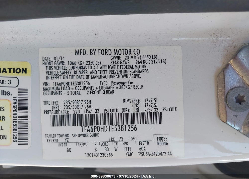 2014 FORD FUSION VIN: 1FA6P0HD1E5381256