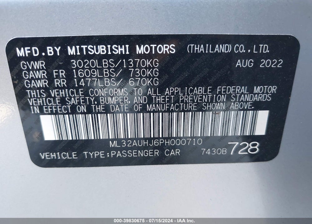2023 MITSUBISHI MIRAGE ES/LE VIN: ML32AUHJ6PH000710