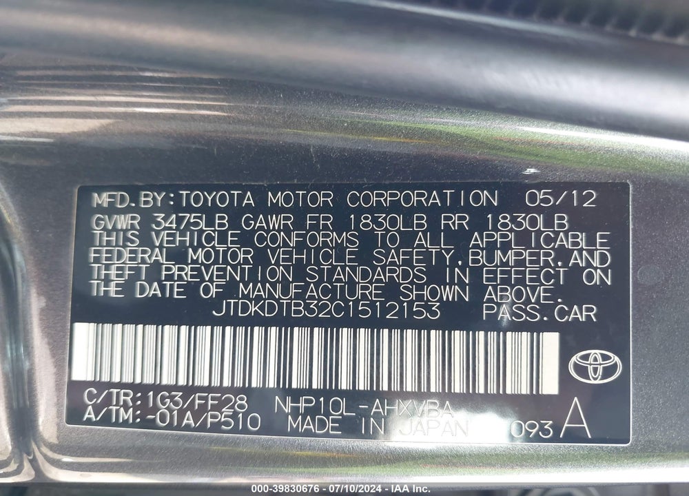2012 TOYOTA PRIUS C TWO VIN: JTDKDTB32C1512153