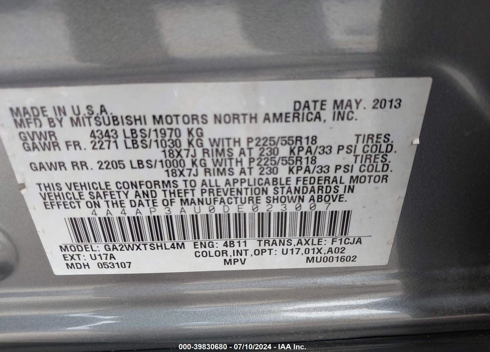 2013 MITSUBISHI OUTLANDER SPORT ES VIN: 4A4AP3AU0DE023007
