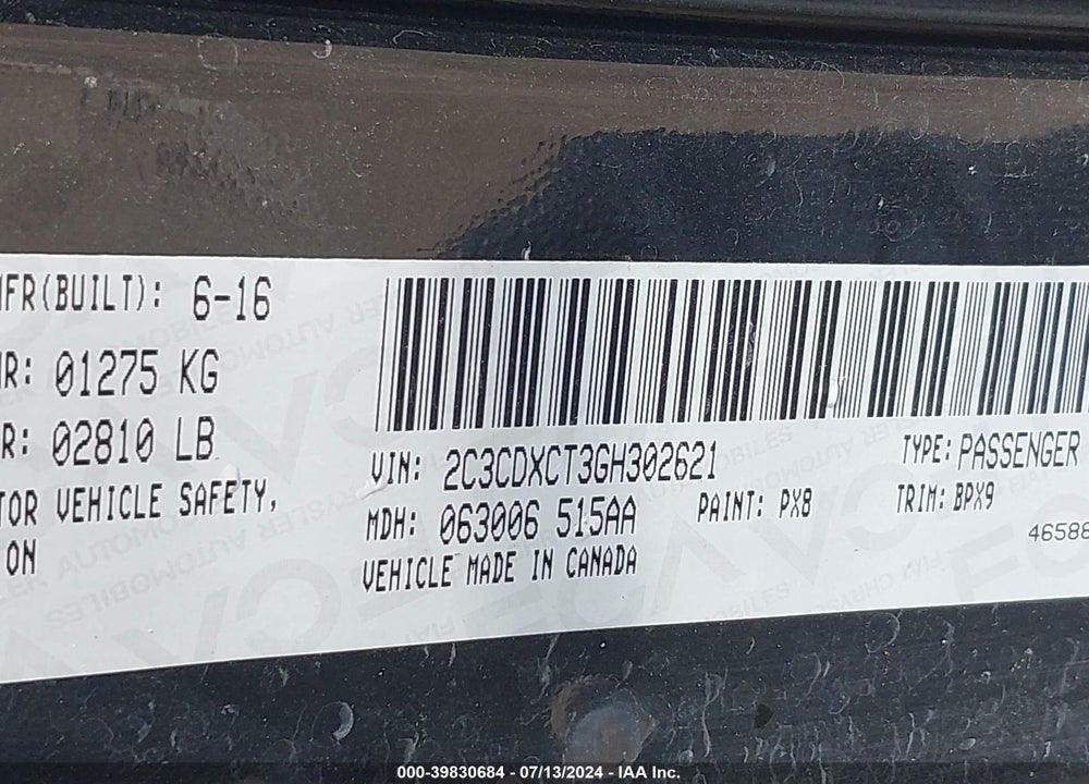 2016 DODGE CHARGER R/T VIN: 2C3CDXCT3GH302621
