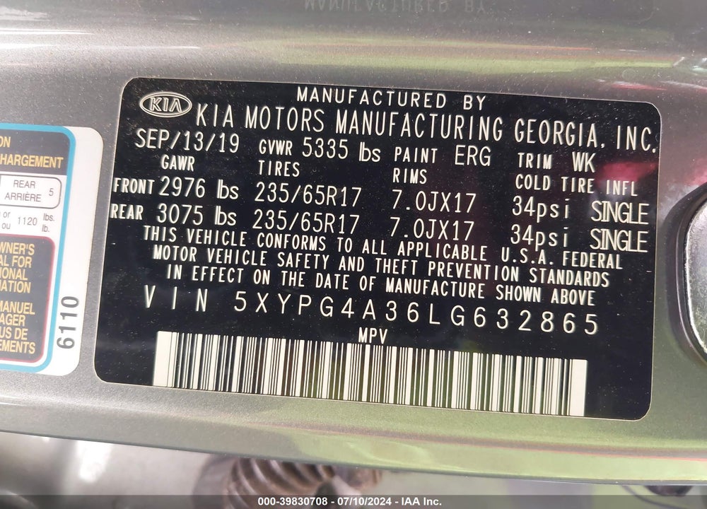 2020 KIA SORENTO 2.4L L VIN: 5XYPG4A36LG632865