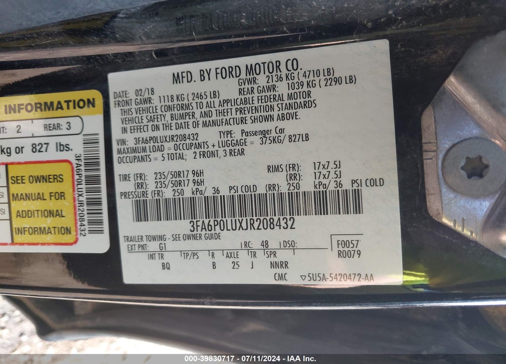 2018 FORD FUSION HYBRID SE VIN: 3FA6P0LUXJR208432