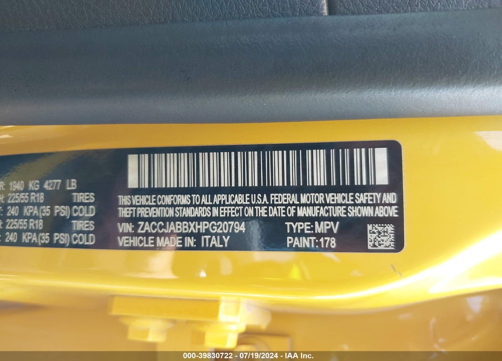 2017 JEEP RENEGADE LATITUDE FWD VIN: ZACCJABBXHPG20794