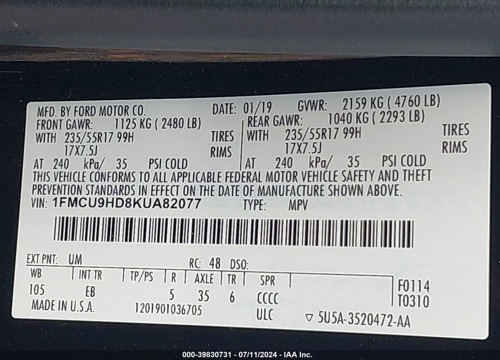 2019 FORD ESCAPE SEL VIN: 1FMCU9HD8KUA82077