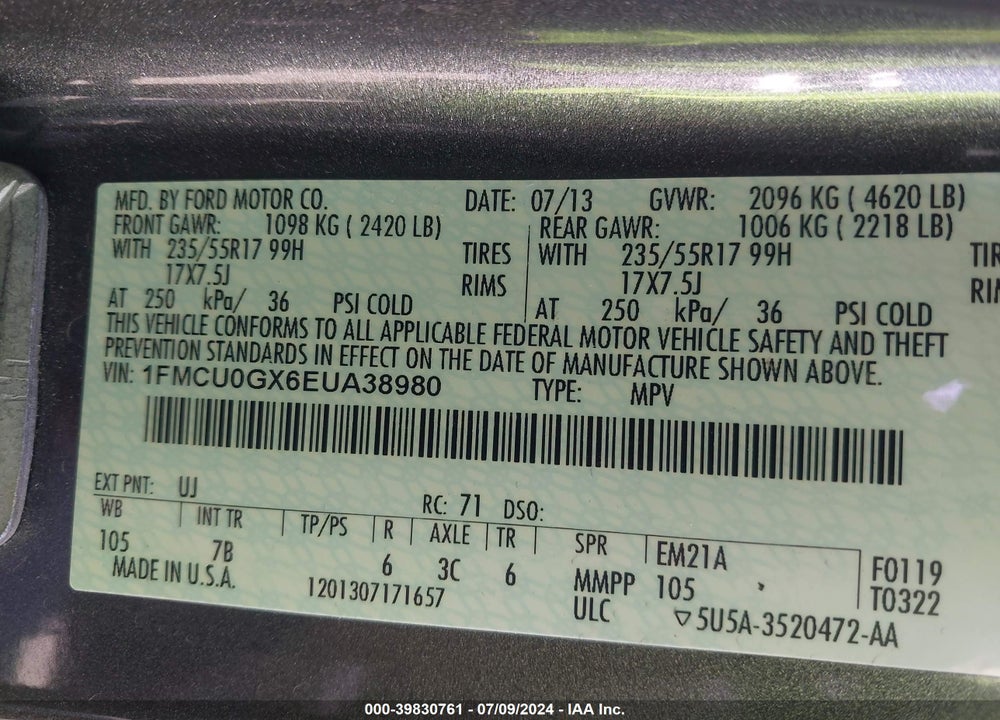 2014 FORD ESCAPE SE VIN: 1FMCU0GX6EUA38980