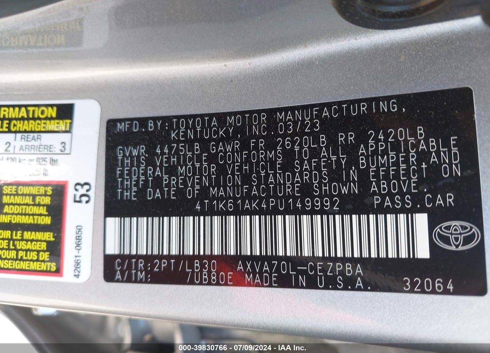 2023 TOYOTA CAMRY XSE VIN: 4T1K61AK4PU149992
