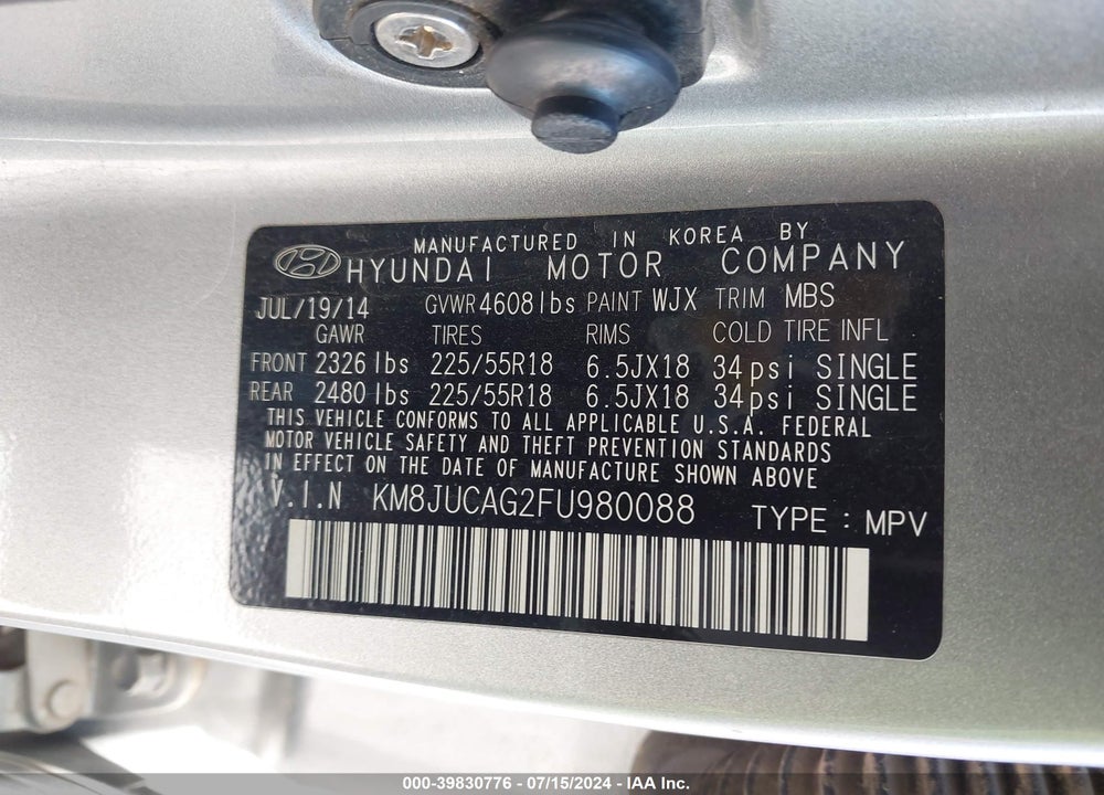 2015 HYUNDAI TUCSON LIMITED VIN: KM8JUCAG2FU980088