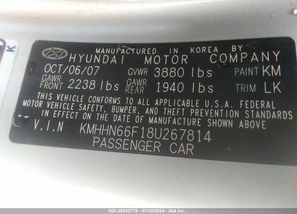 2008 HYUNDAI TIBURON VIN: KMHHN66F18U267814