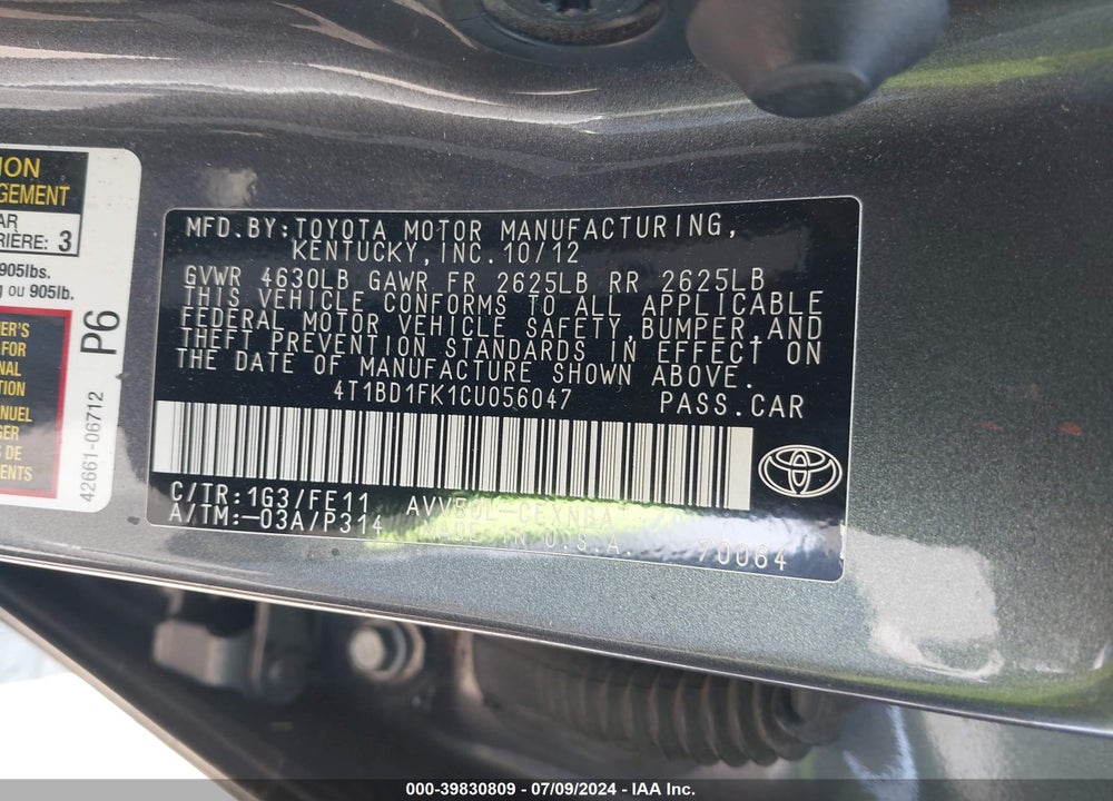 2012 TOYOTA CAMRY HYBRID LE VIN: 4T1BD1FK1CU056047