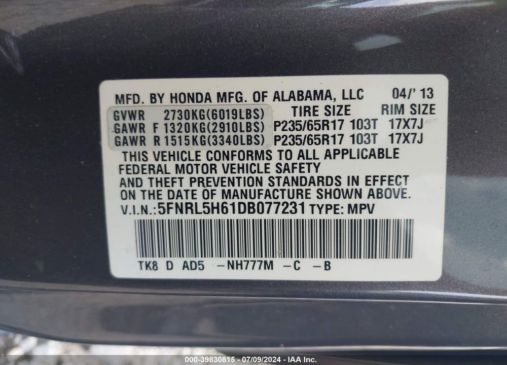 2013 HONDA ODYSSEY EX-L VIN: 5FNRL5H61DB077231