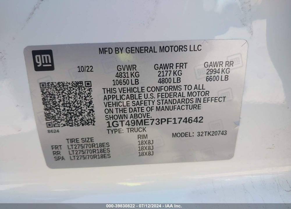 2023 GMC SIERRA 2500HD 4WD  STANDARD BED SLE VIN: 1GT49ME73PF174642