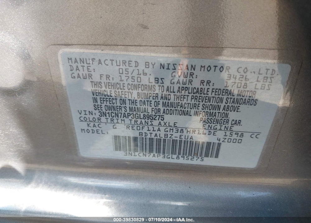 2016 NISSAN VERSA VIN: 3N1CN7AP3GL895275