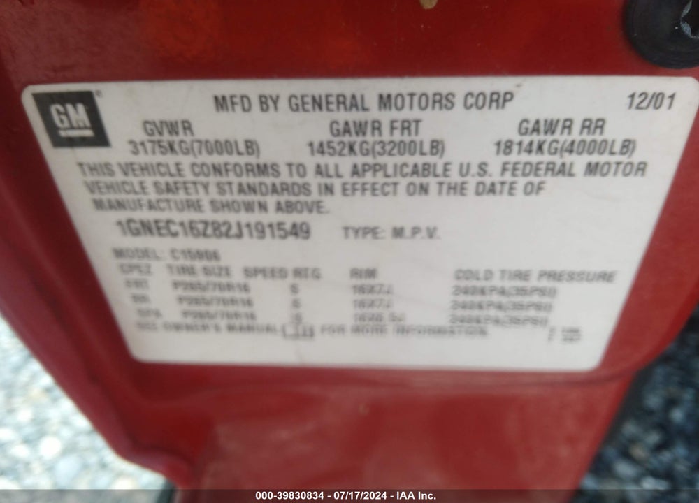 2002 CHEVROLET SUBURBAN 1500 LT VIN: 1GNEC16Z82J191549