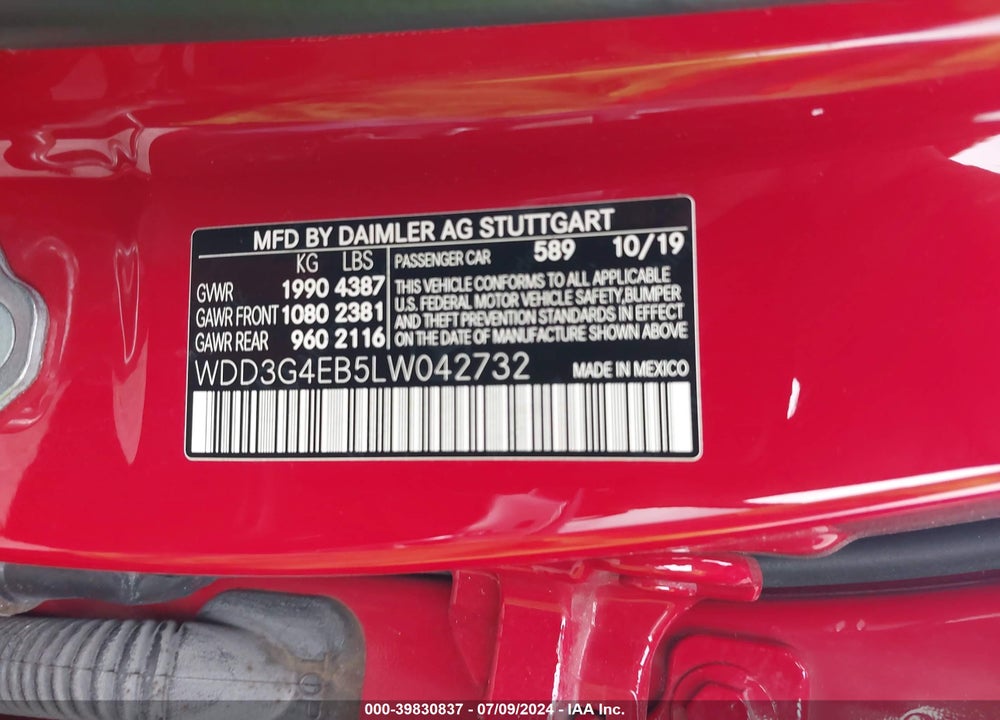 2020 MERCEDES-BENZ A 220 VIN: WDD3G4EB5LW042732