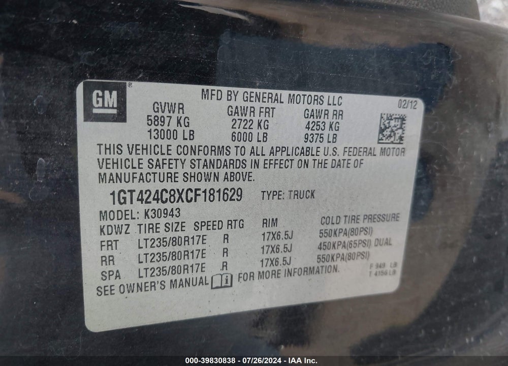 2012 GMC SIERRA 3500HD SLT VIN: 1GT424C8XCF181629