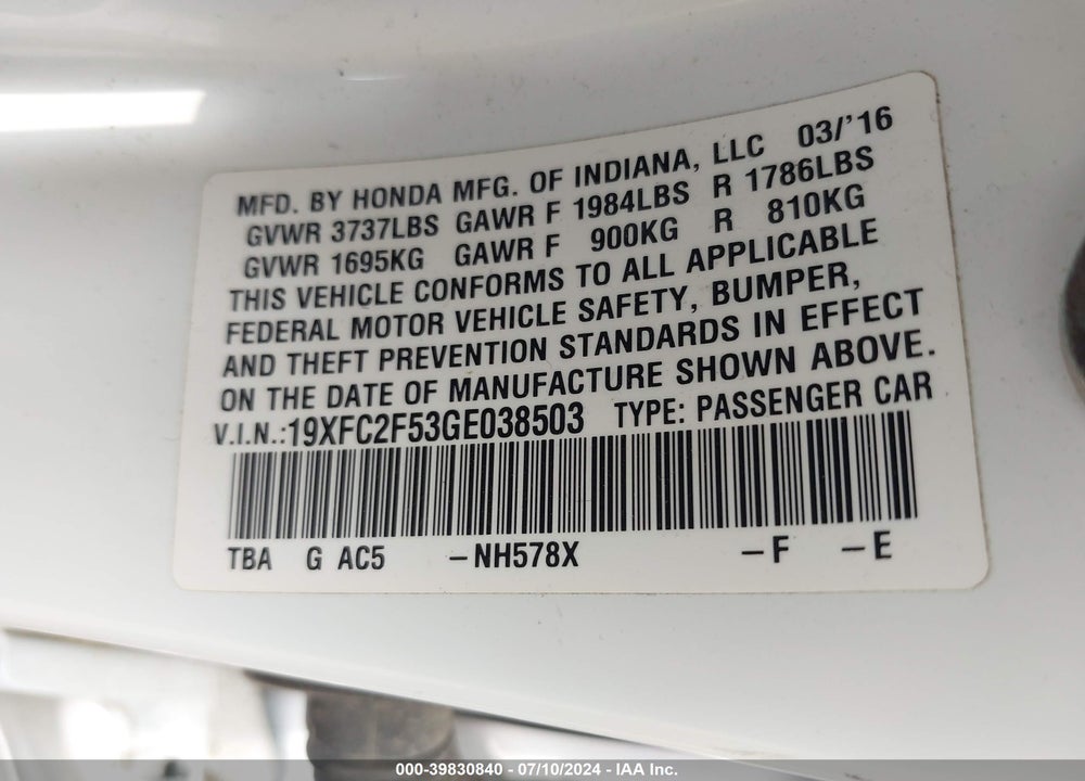 2016 HONDA CIVIC LX VIN: 19XFC2F53GE038503